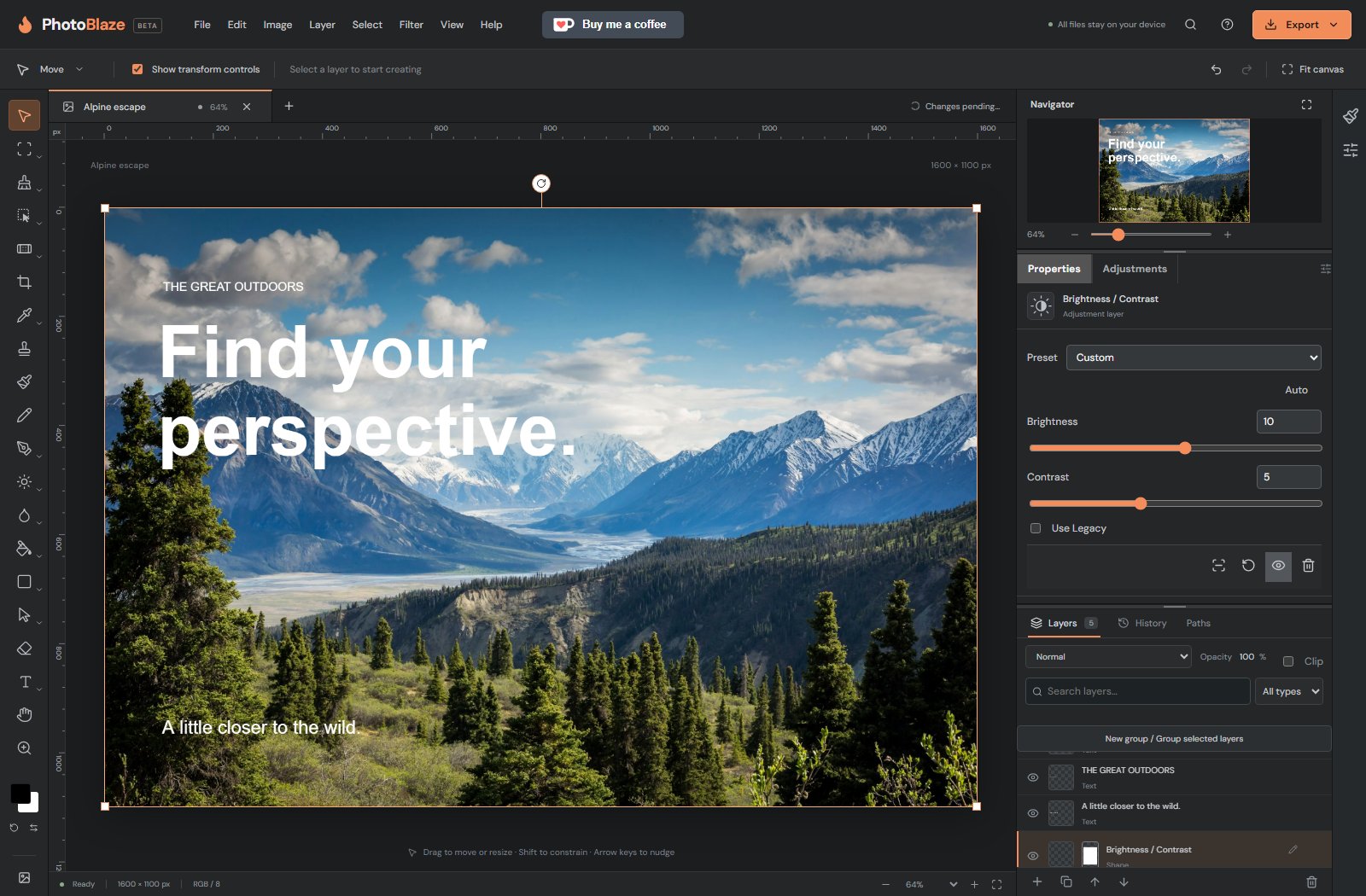 PhotoBlaze editor controls for adjust brightness and contrast