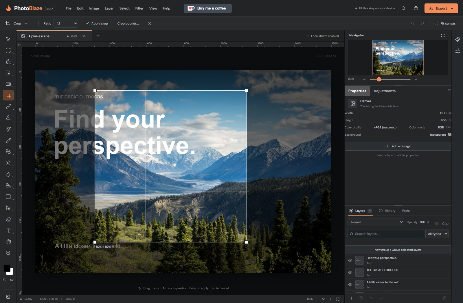 PhotoBlaze editor controls for crop an image