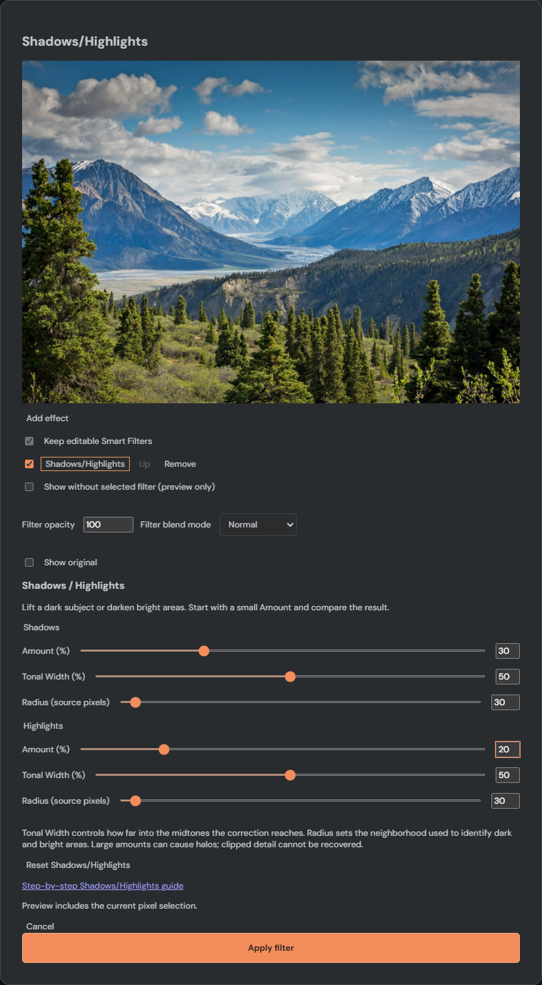 Shadows and Highlights dialog showing the photo preview, comparison controls, and separate shadow and highlight sliders