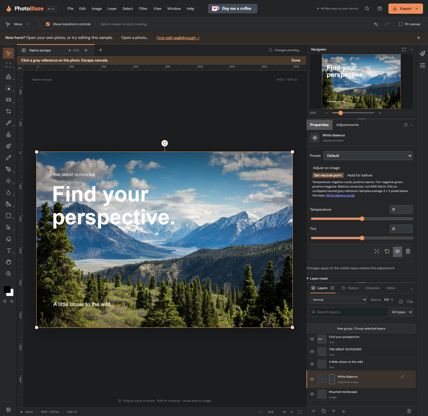 PhotoBlaze White Balance Properties with neutral-point sampling armed, Temperature and Tint controls, and an editable adjustment layer